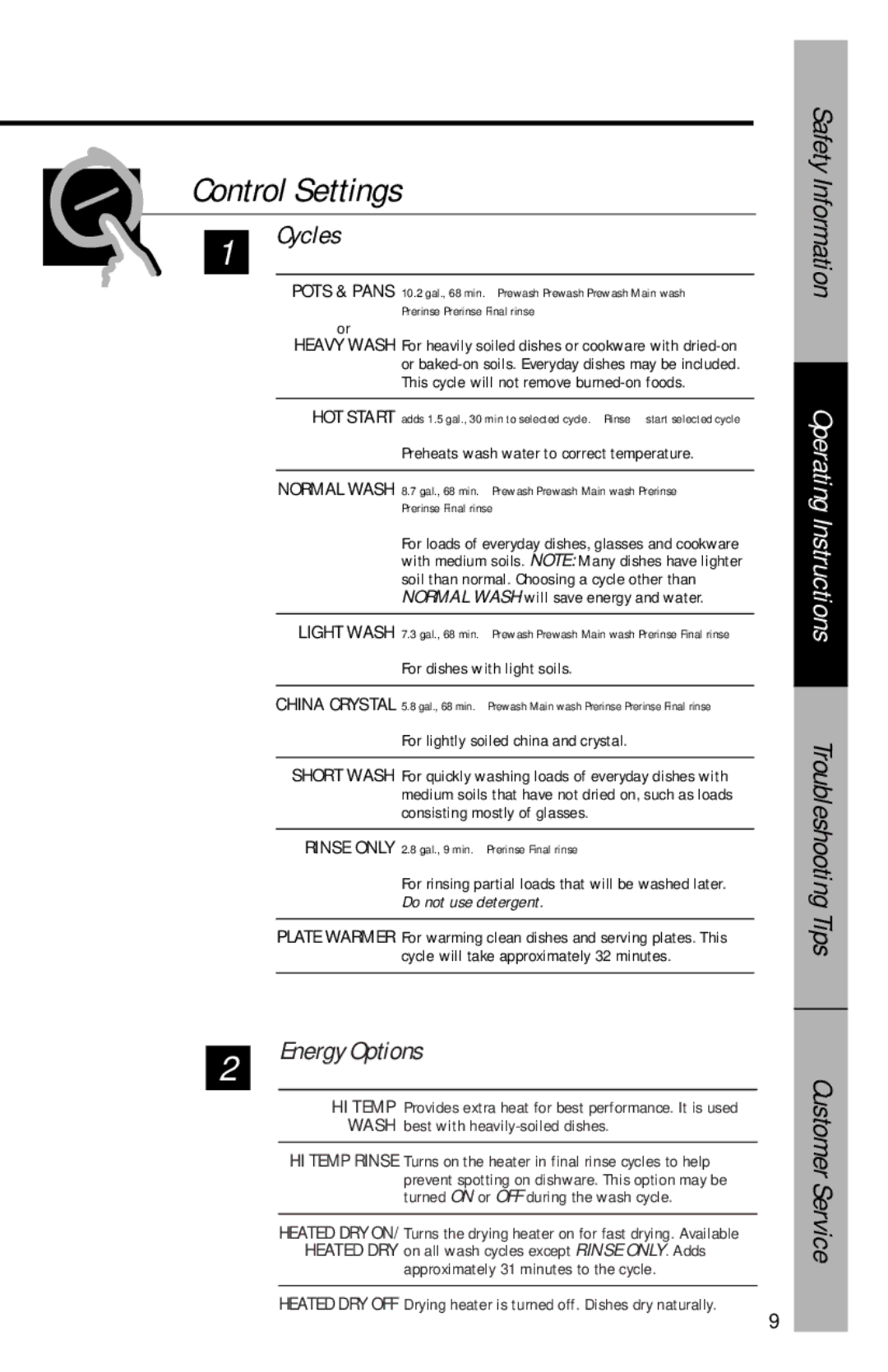 GE GSD3700 series, GSD3900 series, GSD3600 series, GHD3500 series GSD3400 series owner manual Control Settings, Energy Options 