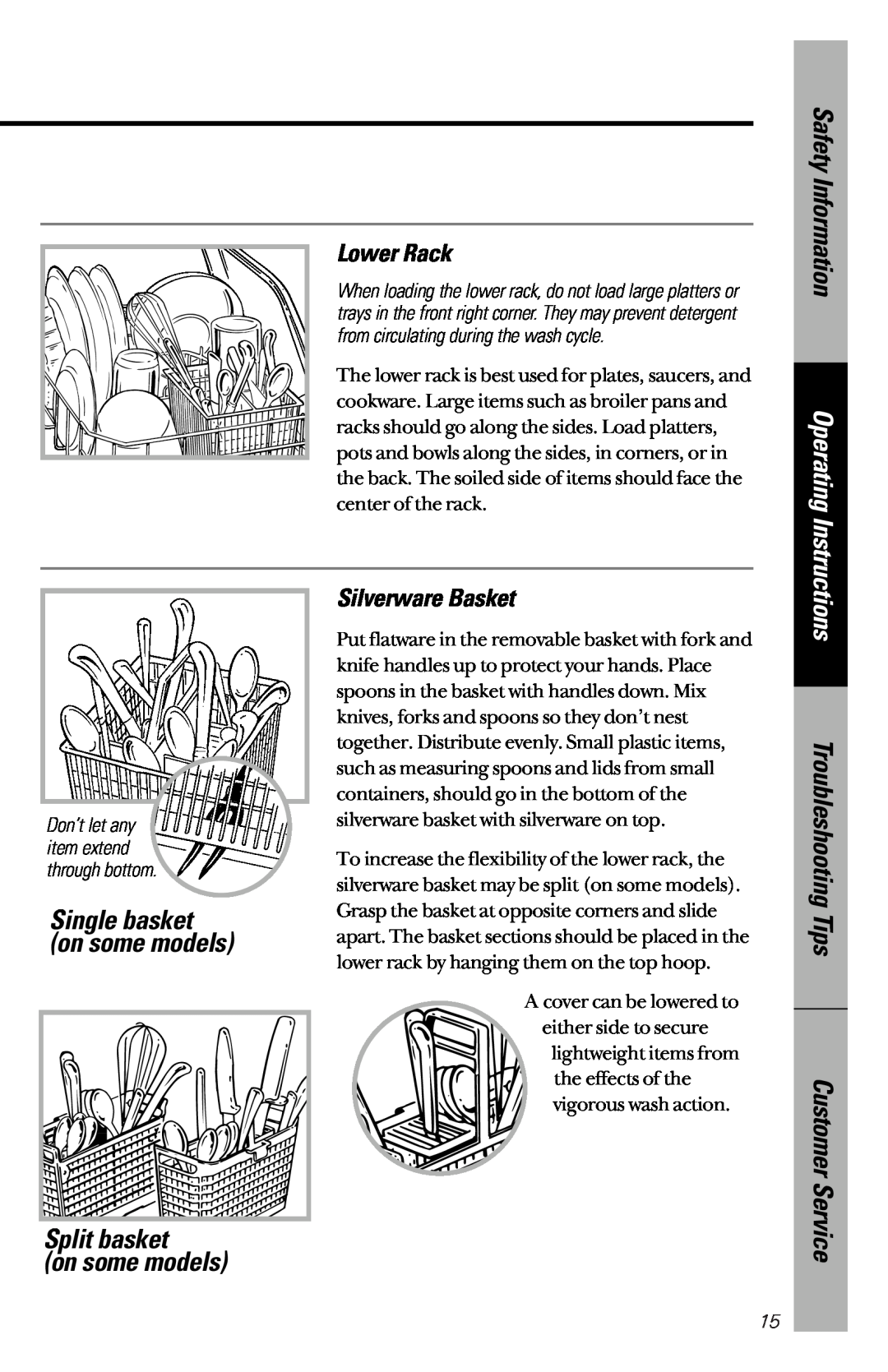 GE GHD3500 series GSD3400 series Split basket on some models, Lower Rack, Silverware Basket, Safety Information 