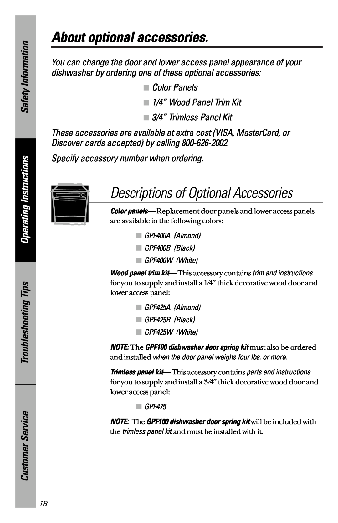 GE GSD3600 series owner manual About optional accessories, Descriptions of Optional Accessories, Safety Information, GPF475 