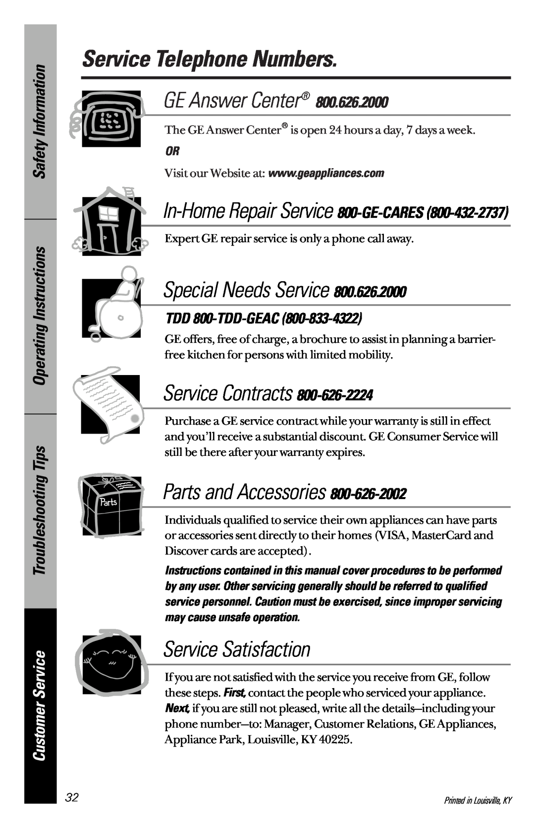 GE GSD3900 series Service Telephone Numbers, GE Answer Center, Special Needs Service, Service Contracts, TDD 800-TDD-GEAC 