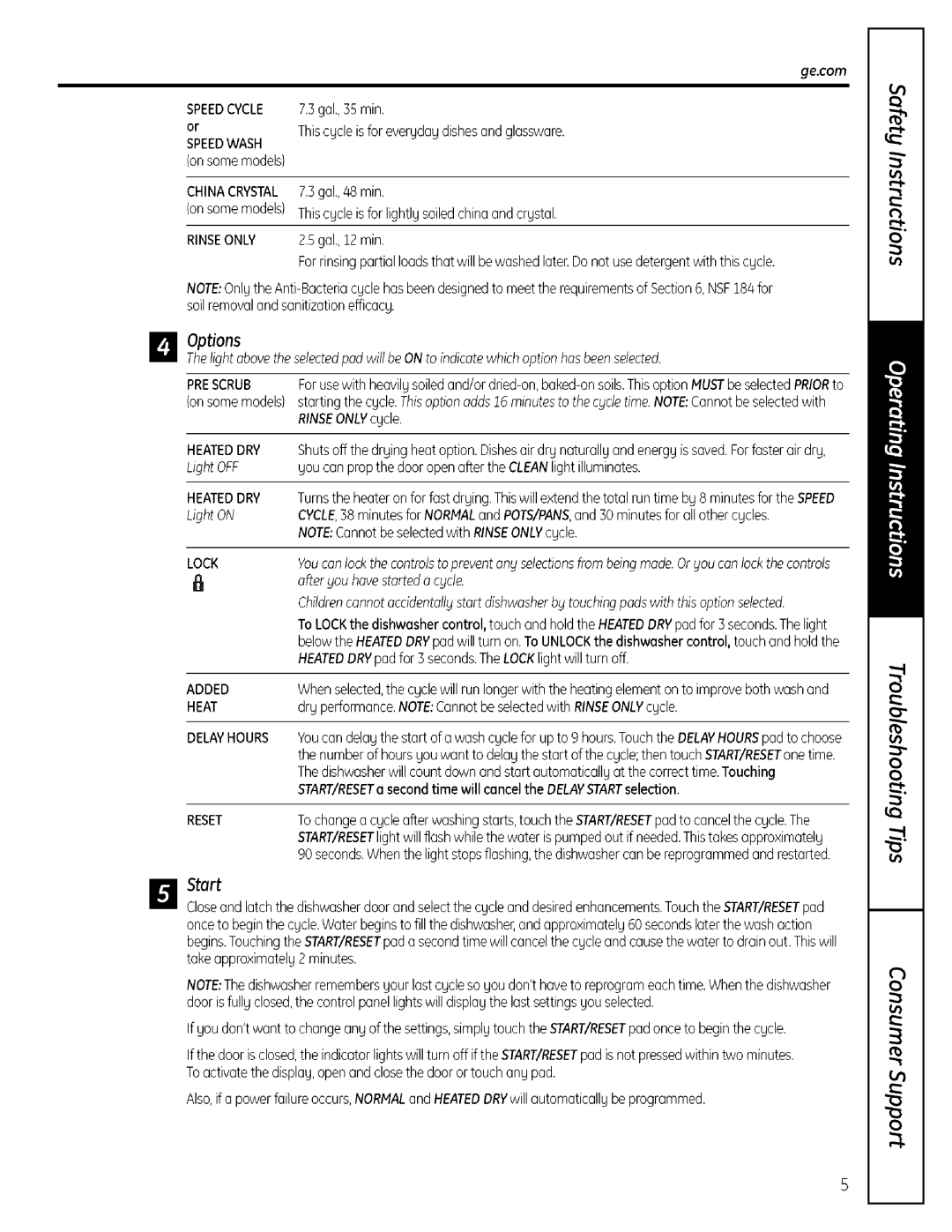 GE GLDSO00, GHDA400 operating instructions Options, LightOFF, LightON, After you havestarted a cycle, Start 