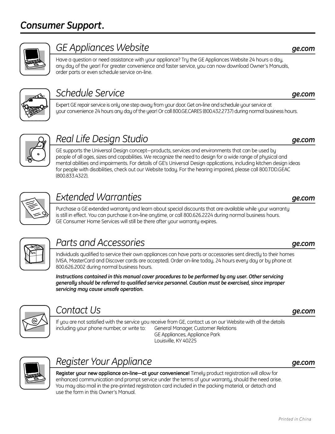 GE GHDA696P Consumer Support GE Appliances Website, Schedule Service, Real Life Design Studio, Extended Warranties 