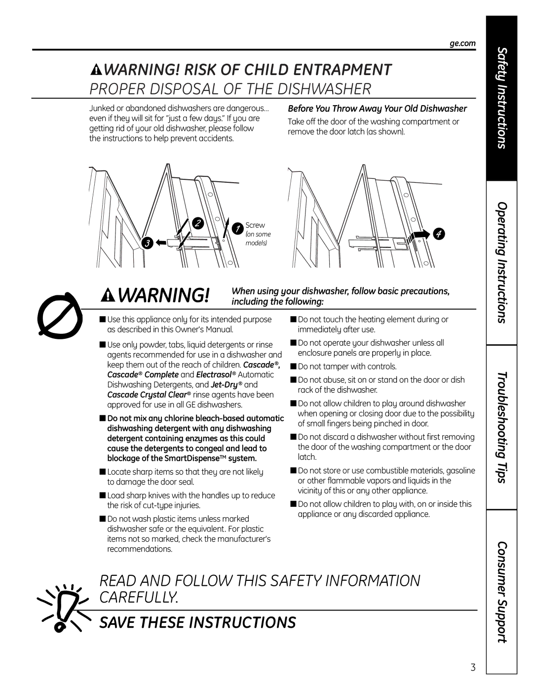 GE GHDA690P, GHDA696P owner manual Proper Disposal of the Dishwasher, Ge.com 