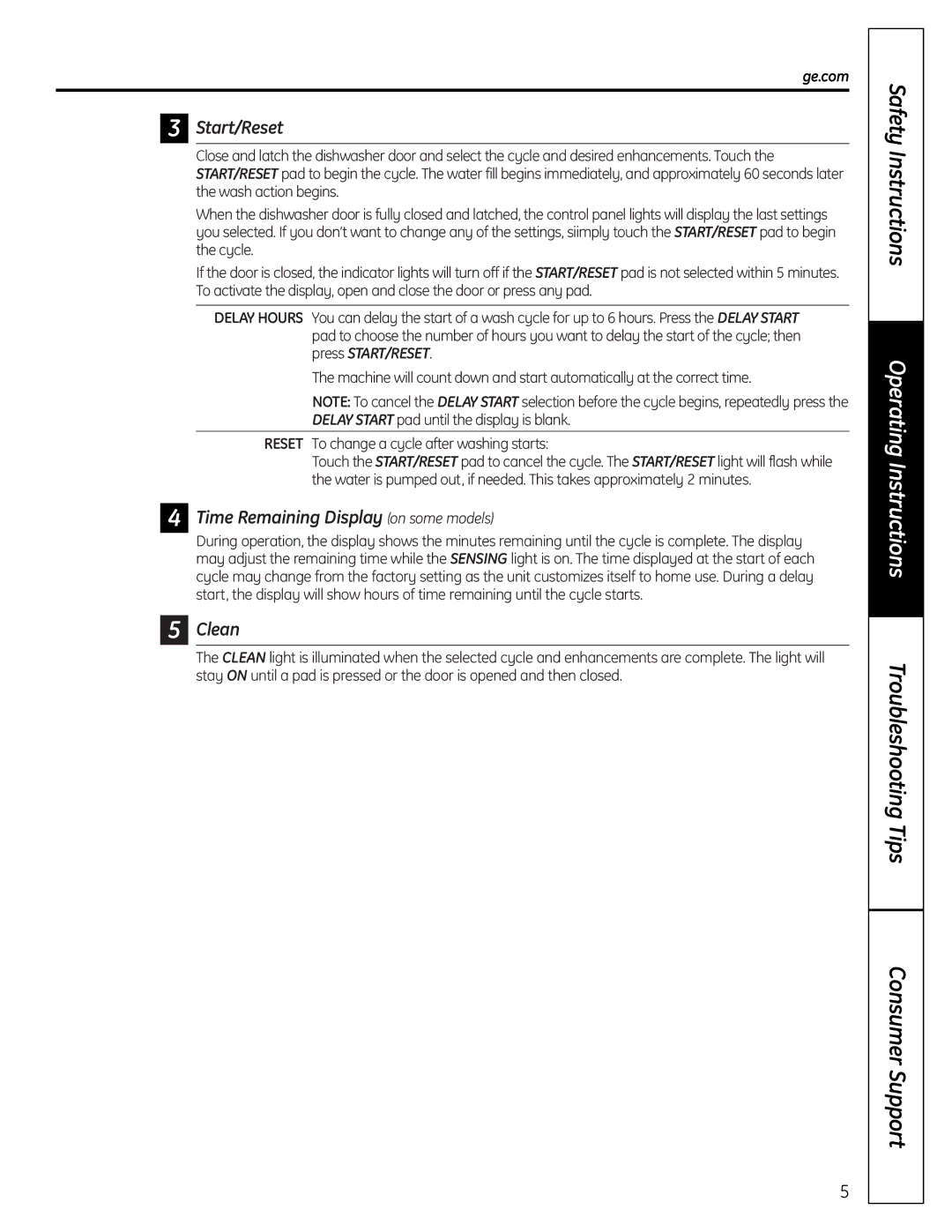 GE GHDA690P, GHDA696P owner manual Start/Reset, Time Remaining Display on some models, Clean 