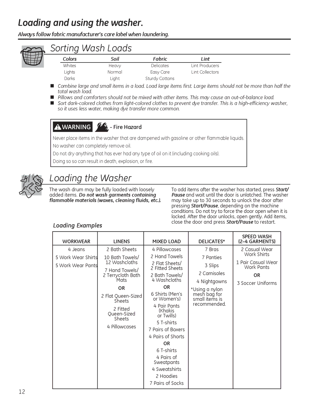 GE GFWS2505, GHWS3605, GFWS2605, GFWS3705, GFWS2500, GFWS3700, GFWS2600, GHWS3600 Loading and using the washer, Loading Examples 
