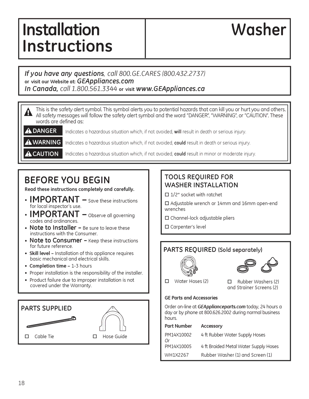 GE GFWR4805, GHWS3605, GFWS2605 Parts Supplied, Tools Required for Washer Installation, Parts Required Sold separately 