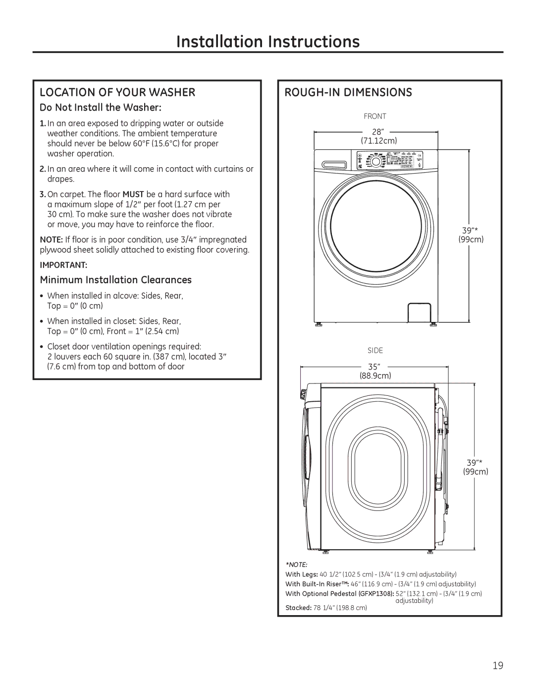 GE GFWR4800 Location of Your Washer, ROUGH-IN Dimensions, Do Not Install the Washer, Minimum Installation Clearances 