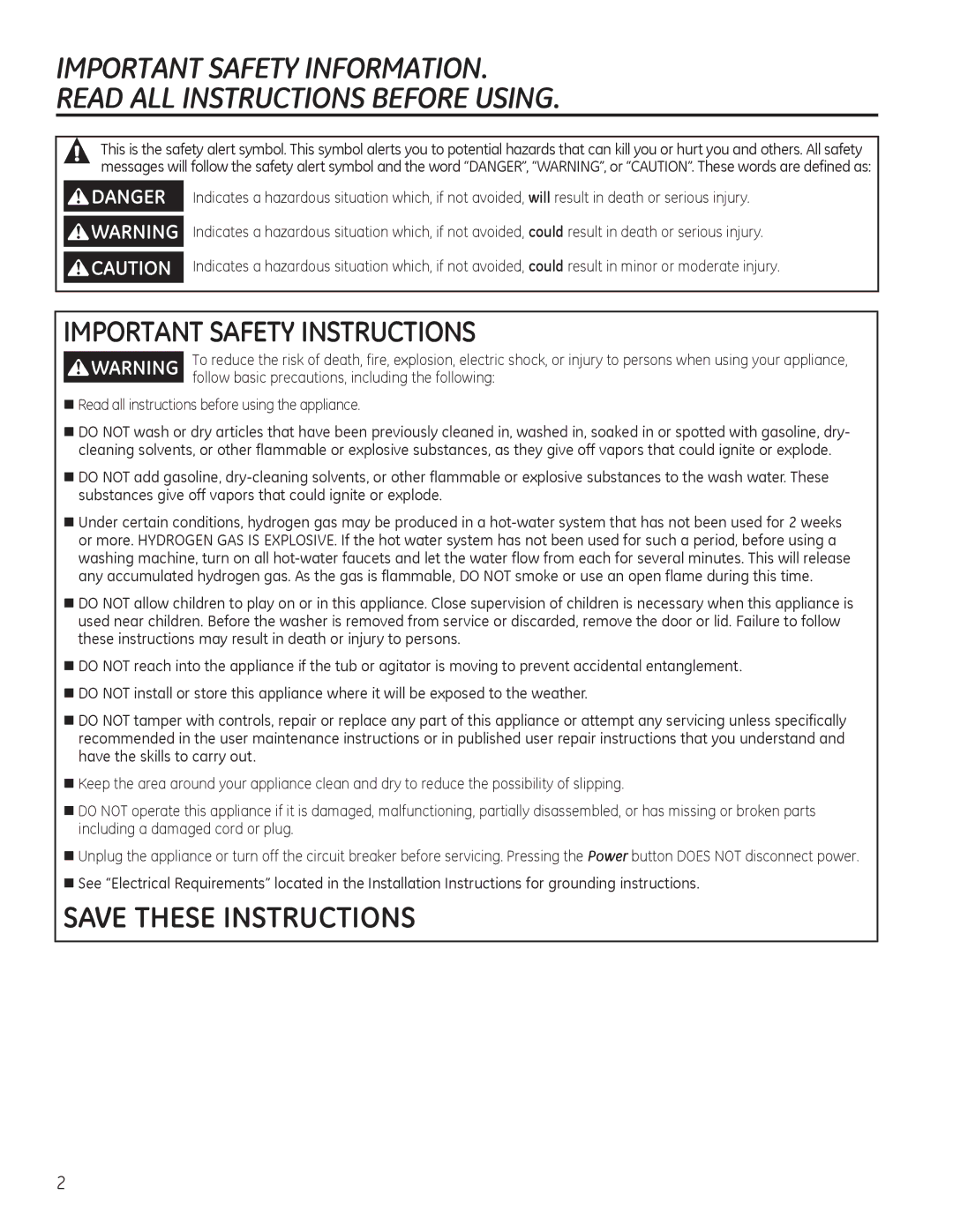 GE GFWS2505 Follow basic precautions, including the following, „ Read all instructions before using the appliance 