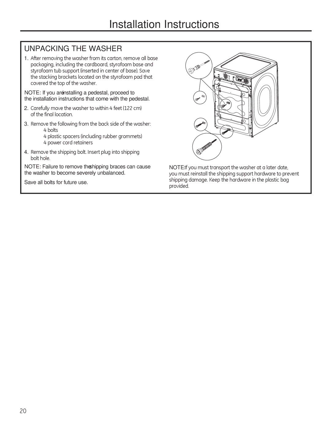 GE GHWS3605 Unpacking the Washer, Installation instructions that come with the pedestal, Save all bolts for future use 