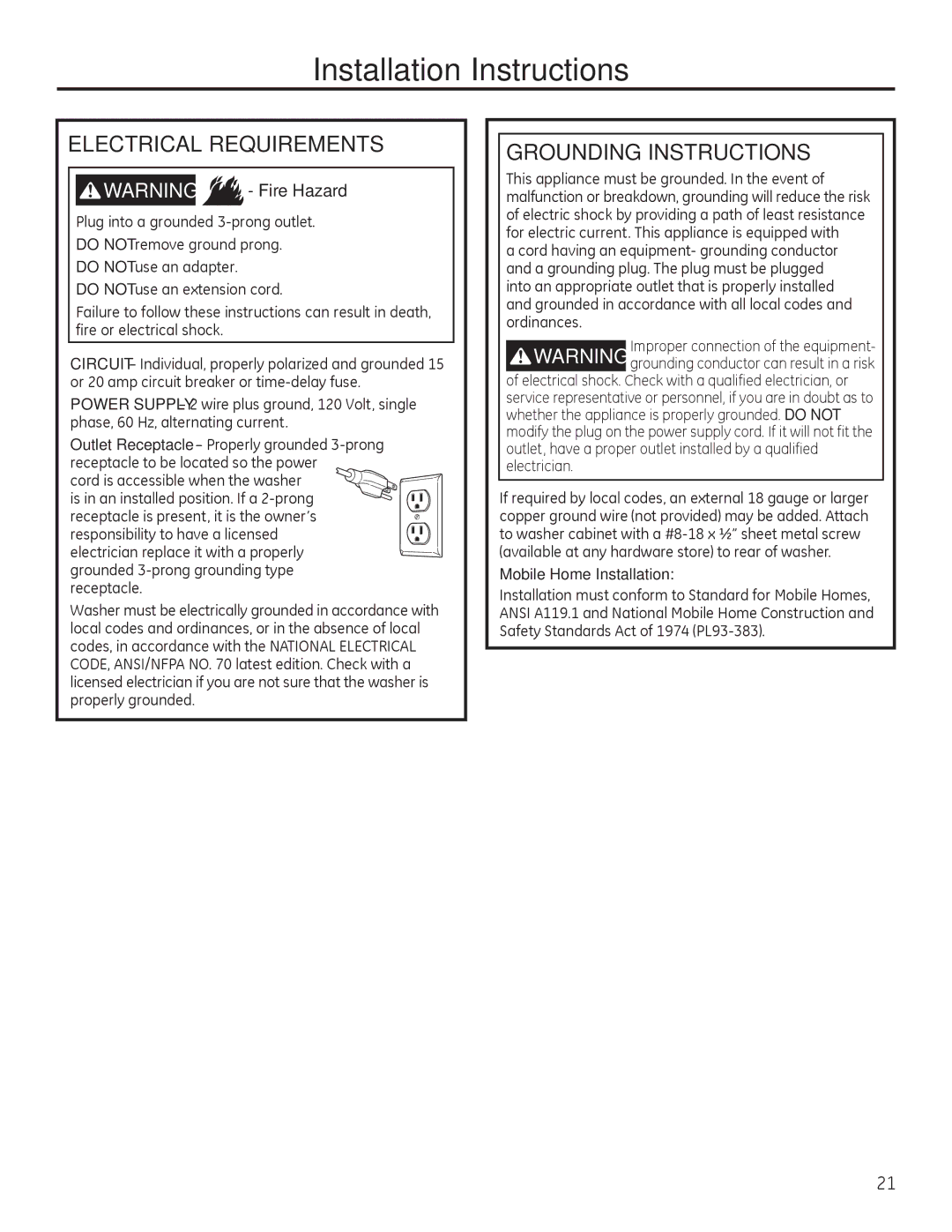 GE GFWS2605, GHWS3605, GFWS2505, GFWS3705, GFWS2500 Electrical Requirements, Grounding Instructions, Mobile Home Installation 