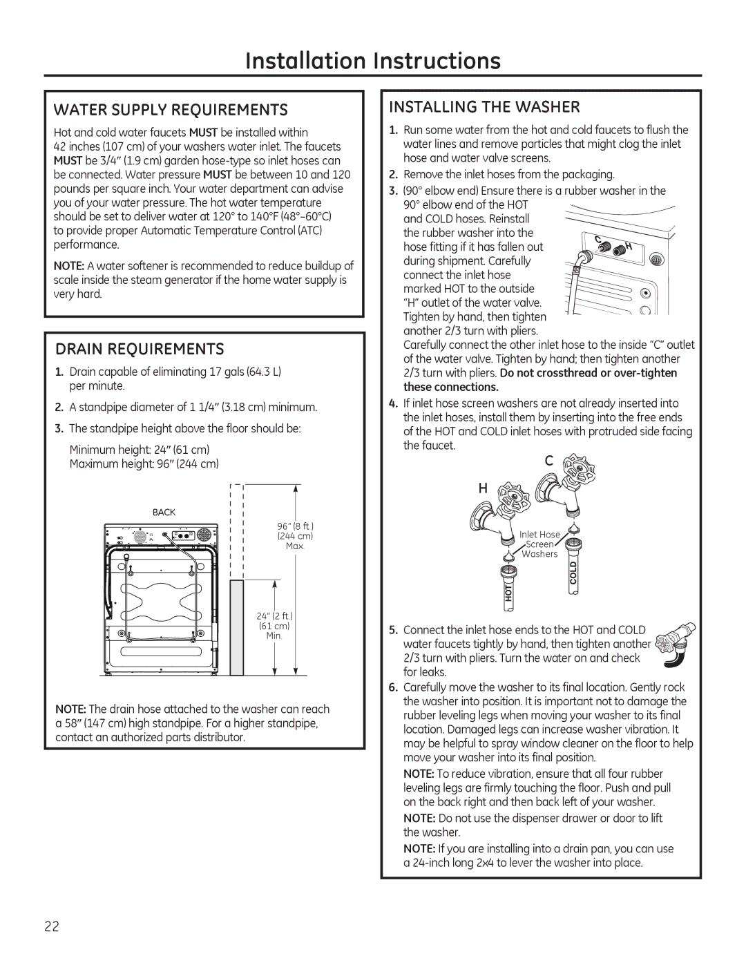 GE GFWS2505, GHWS3605, GFWS2605, GFWS3705, GFWS2500 Water Supply Requirements, Drain Requirements, Installing the Washer 