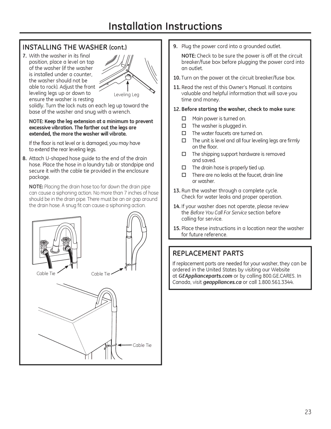 GE GFWS3705, GHWS3605, GFWS2605, GFWS2505, GFWS2500 Replacement Parts, Before starting the washer, check to make sure 