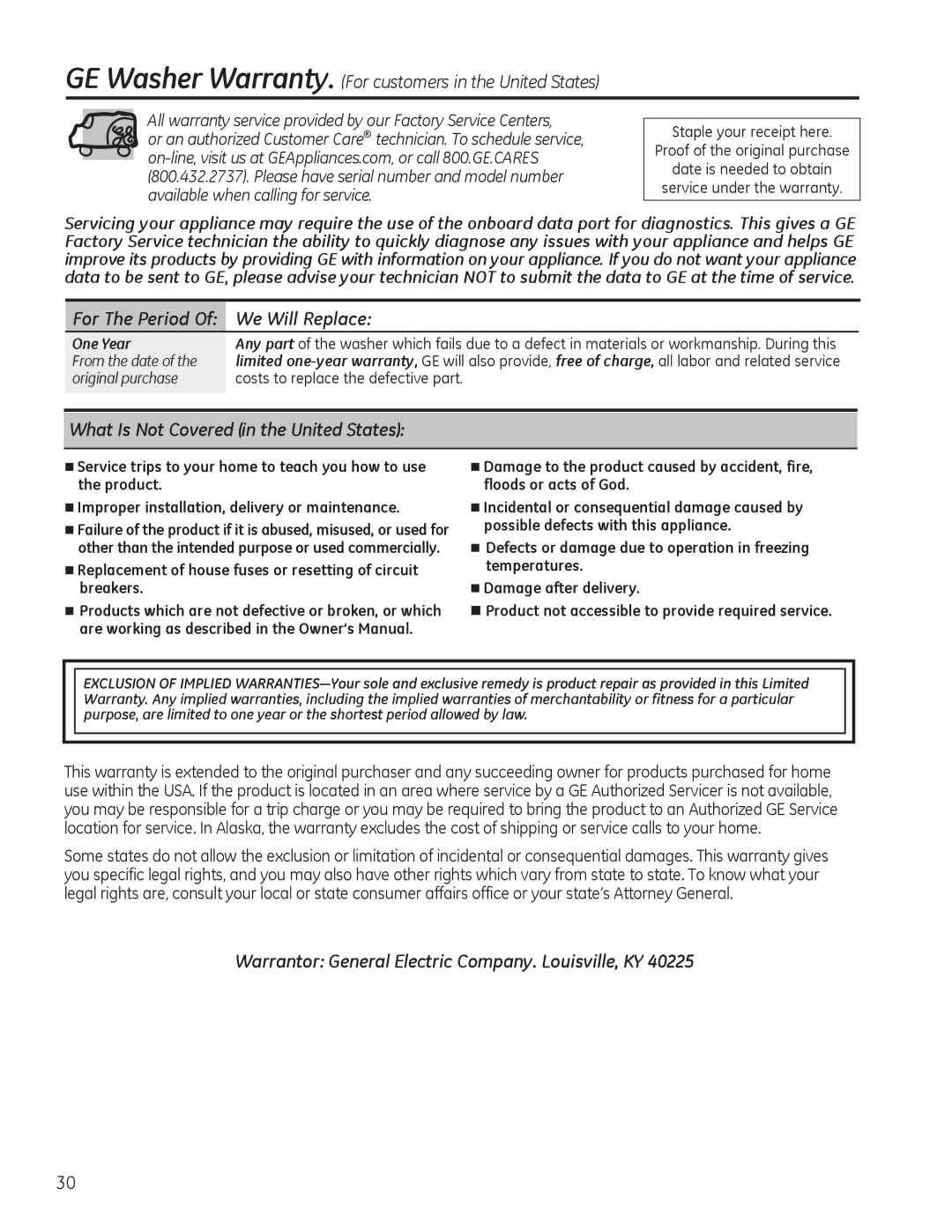 GE GHWS3605 We Will Replace, What Is Not Covered in the United States, Warrantor General Electric Company. Louisville, KY 