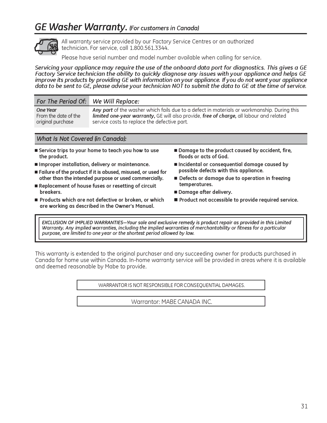 GE GFWS2605 GE Washer Warranty. For customers in Canada, For The Period Of We Will Replace, What Is Not Covered in Canada 