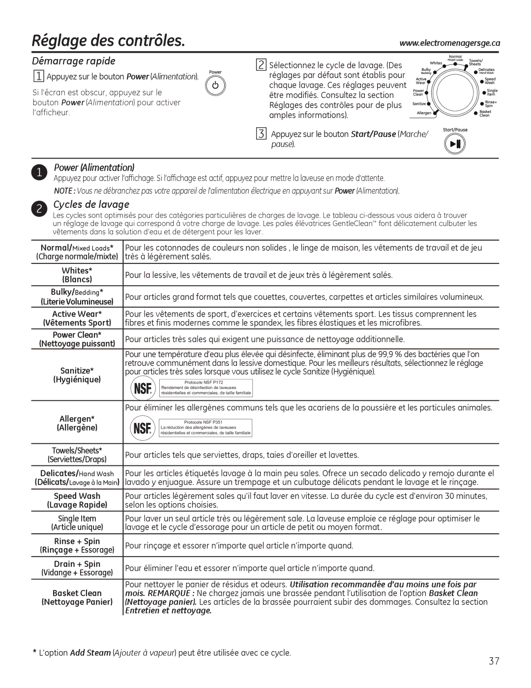 GE GHWS3600 Réglage des contrôles, Démarrage rapide, Power Alimentation, Cycles de lavage, Entretien et nettoyage 