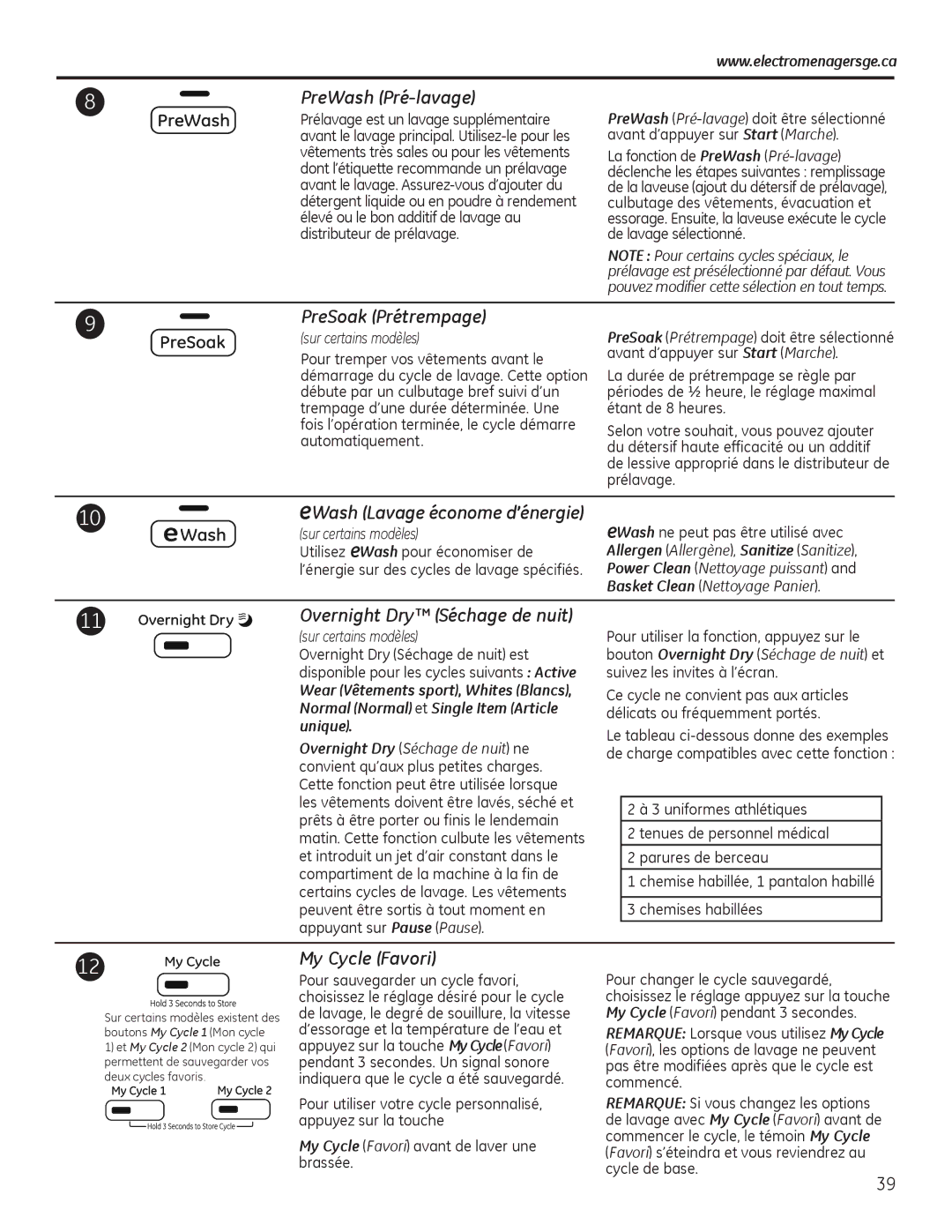 GE GFWR4800, GHWS3605, GFWS2605 PreWash Pré-lavage, PreSoak Prétrempage, Overnight Dry Séchage de nuit, My Cycle Favori 