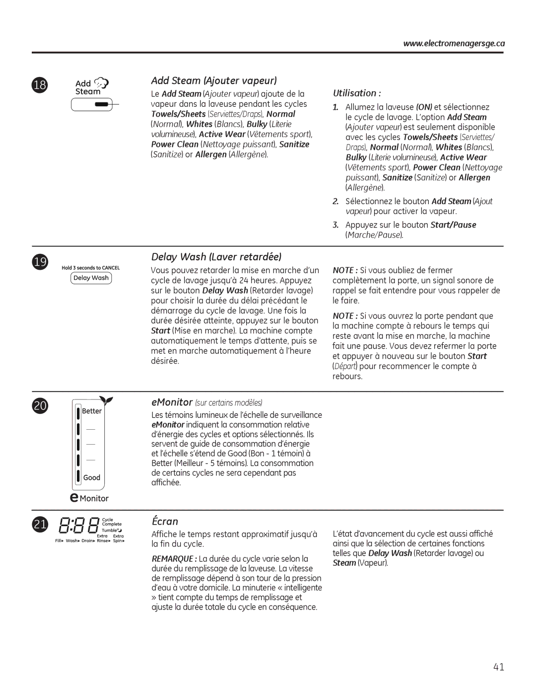 GE GFWS2605, GHWS3605, GFWS2505 Add Steam Ajouter vapeur, Delay Wash Laver retardée, Écran, EMonitor sur certains modèles 