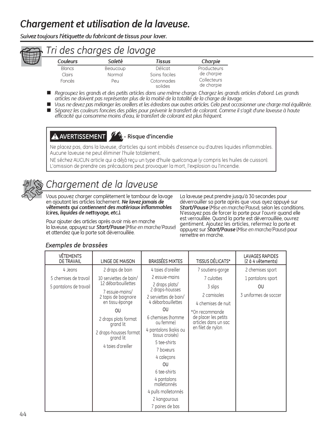 GE GFWS2500, GHWS3605, GFWS2605, GFWS2505, GFWS3705 Chargement et utilisation de la laveuse, Exemples de brassées, Couleurs 