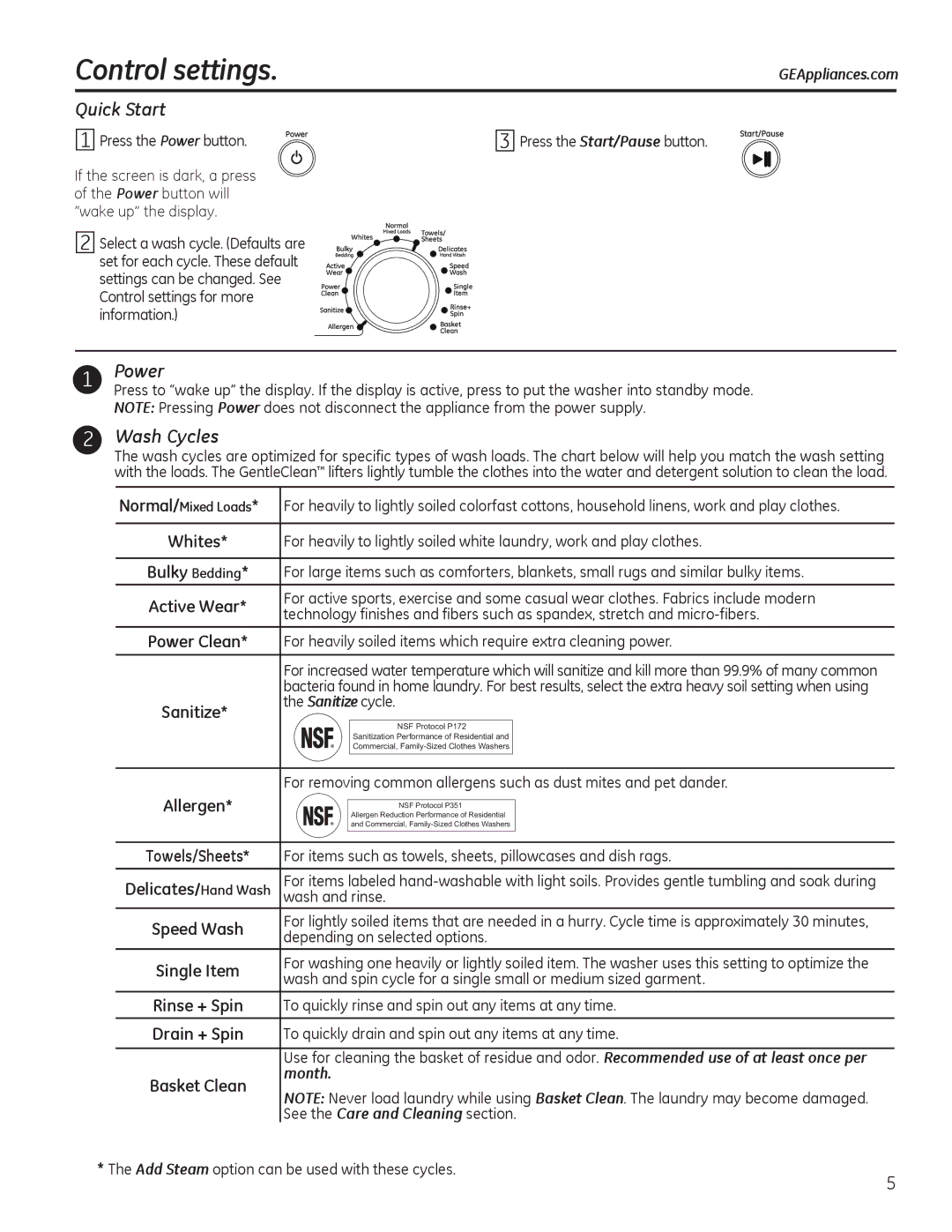 GE GFWS3700, GHWS3605, GFWS2605, GFWS2505, GFWS3705, GFWS2500, GFWS2600 Control settings, Quick Start, Power, Wash Cycles 