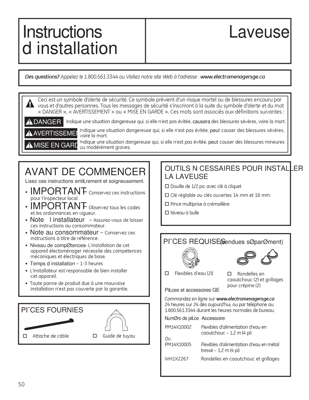 GE GHWS3605, GFWS2605 Pièces Fournies, Outils Nécessaires Pour Installer LA Laveuse, Pièces Requises vendues séparément 