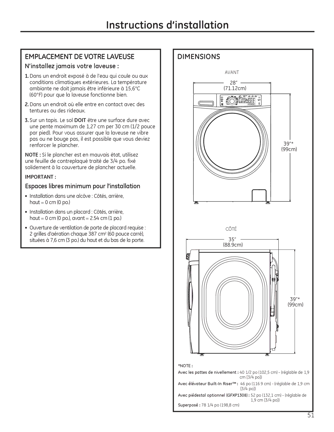 GE GFWS2605, GHWS3605, GFWS2505, GFWS3705 Emplacement DE Votre Laveuse, Dimensions, ’installez jamais votre laveuse, 88.9cm 