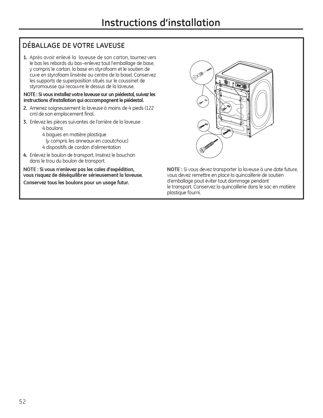 GE GFWS2505, GHWS3605, GFWS2605, GFWS3705 Déballage DE Votre Laveuse, Conservez tous les boulons pour un usage futur 