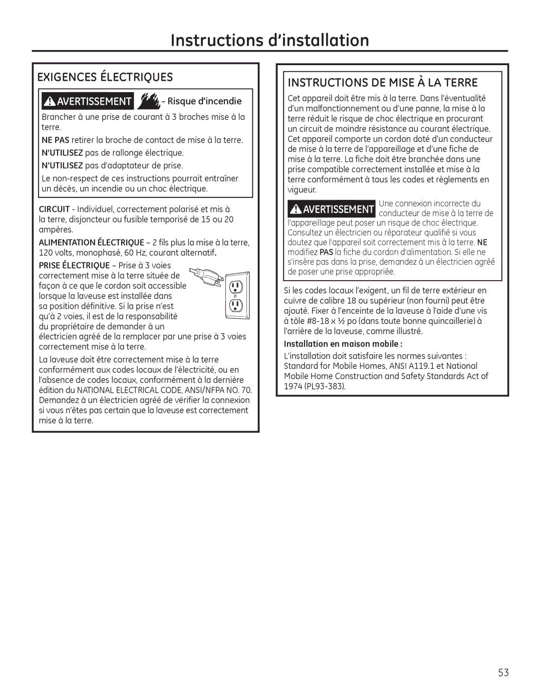 GE GFWS3705, GHWS3605, GFWS2605 Exigences Électriques, Instructions DE Mise À LA Terre, Prise Électrique Prise à 3 voies 