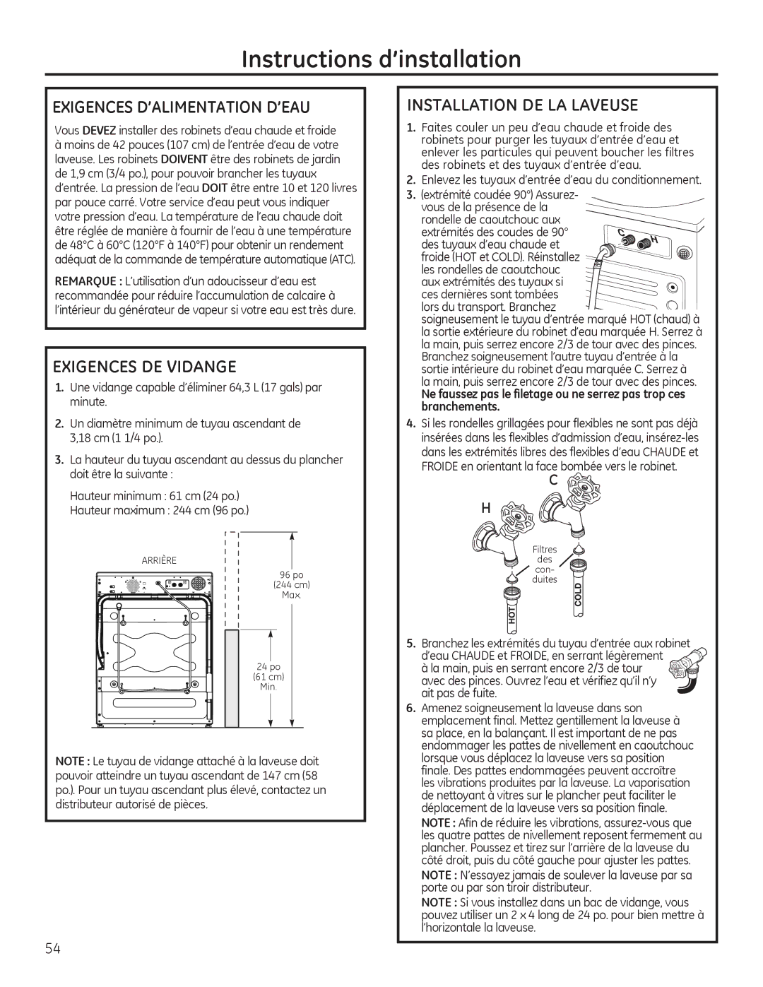 GE GFWS2500, GHWS3605, GFWS2605, GFWS2505 Exigences D’ALIMENTATION D’EAU, Exigences DE Vidange, Installation DE LA Laveuse 