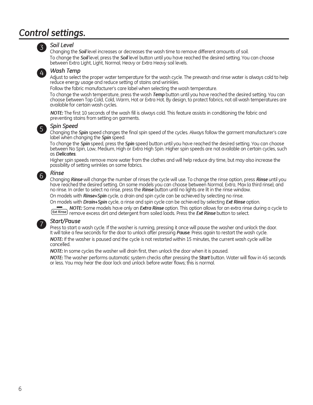 GE GFWS2600, GHWS3605, GFWS2605, GFWS2505, GFWS3705, GFWS2500, GFWS3700 Soil Level, Wash Temp, Spin Speed, Rinse, Start/Pause 