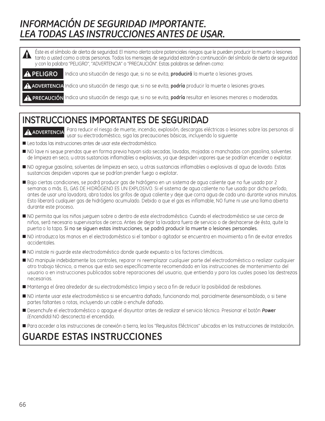 GE GFWS2600, GHWS3605, GFWS2605, GFWS2505, GFWS3705, GFWS2500, GFWS3700, GHWS3600 Instrucciones Importantes DE Seguridad 