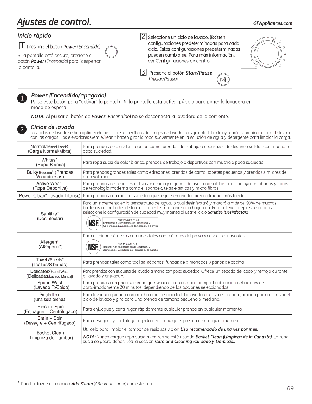 GE GFWR4800, GHWS3605, GFWS2605, GFWS2505 Ajustes de control, Inicio rápido, Power Encendido/apagado, Ciclos de lavado 