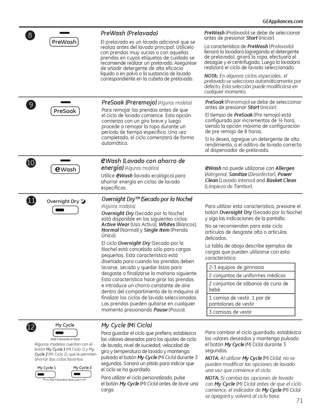 GE GFWS2605, GHWS3605, GFWS2505, GFWS3705, GFWS2500, GFWS3700 PreWash Prelavado, EWash Lavado con ahorro de, My Cycle Mi Ciclo 