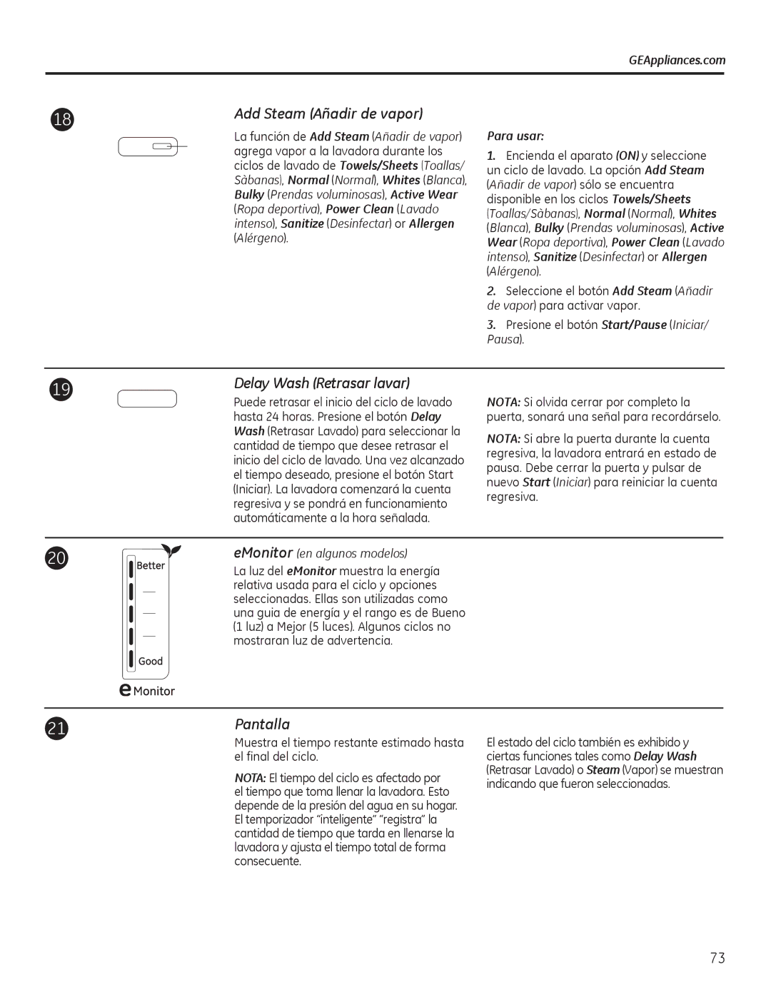 GE GFWS3705 Add Steam Añadir de vapor, Delay Wash Retrasar lavar, Pantalla, Para usar, EMonitor en algunos modelos 