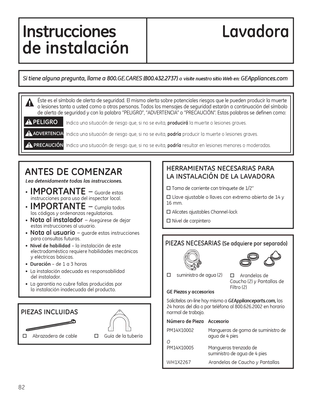 GE GFWS2505 Piezas Incluidas, Lea detenidamente todas las instrucciones, † Abrazadera de cable † Guía de la tubería 