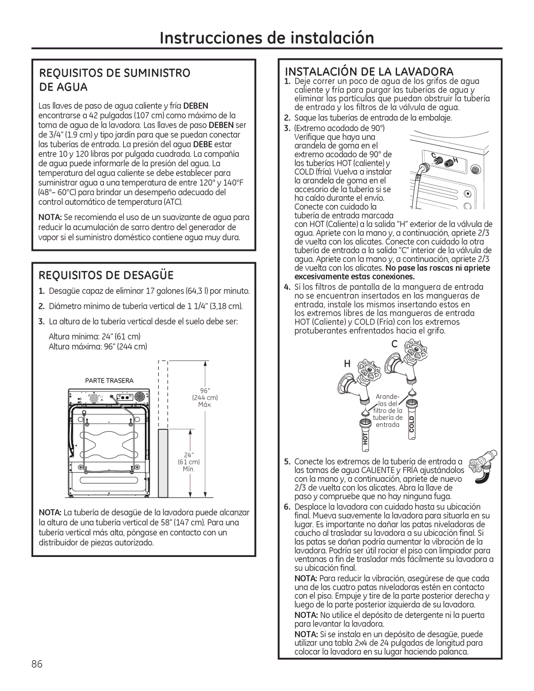 GE GFWS2600, GHWS3605, GFWS2605 Requisitos DE Suministro DE Agua, Requisitos DE Desagüe, Instalación DE LA Lavadora 