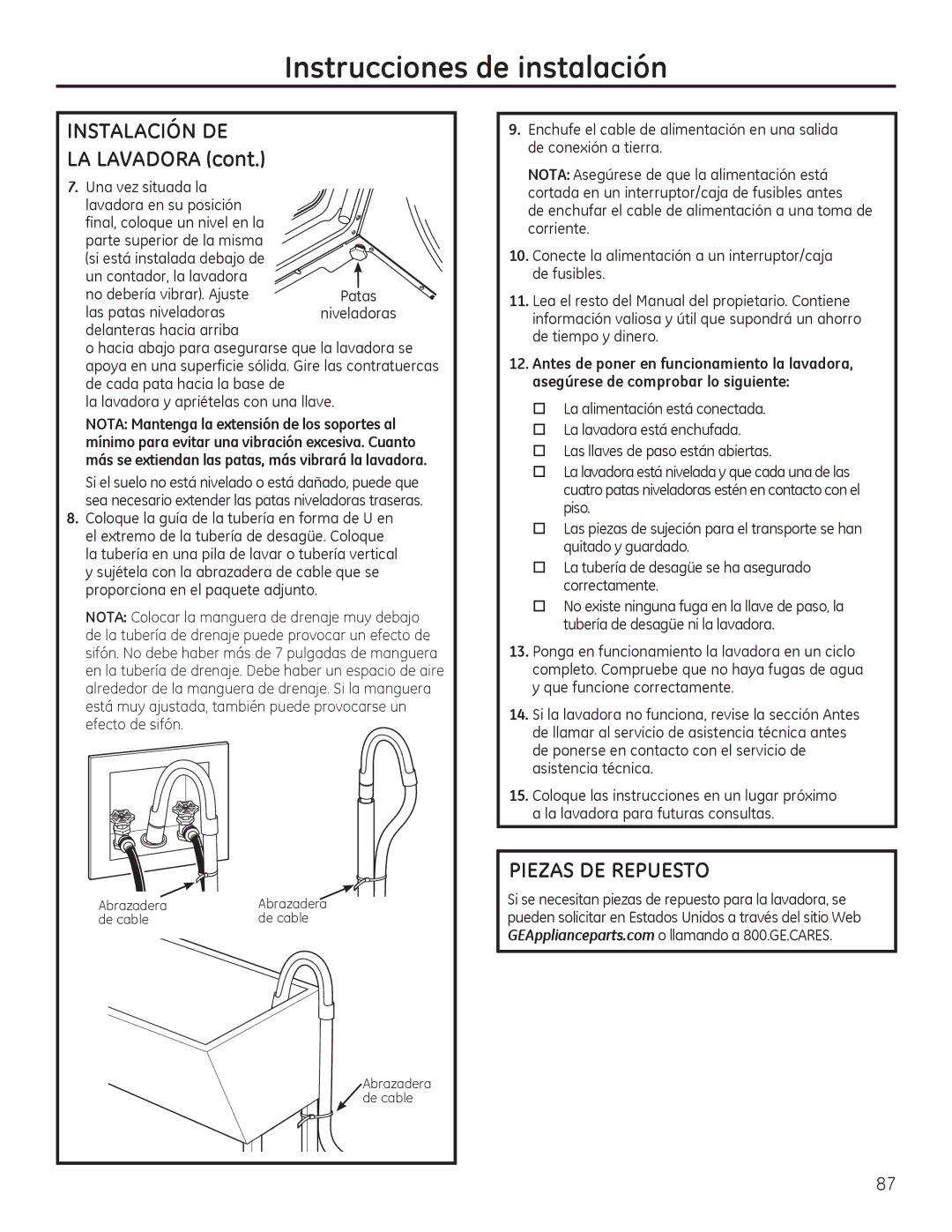 GE GHWS3600, GHWS3605, GFWS2605, GFWS2505, GFWS3705, GFWS2500, GFWS3700, GFWS2600, GFWR4805 Instalación DE, Piezas DE Repuesto 