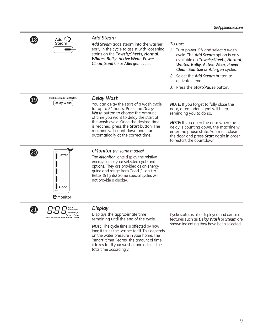 GE GFWR4800, GHWS3605, GFWS2605, GFWS2505, GFWS3705, GFWS2500, GFWS3700 Add Steam, Delay Wash, Display, EMonitor on some models 