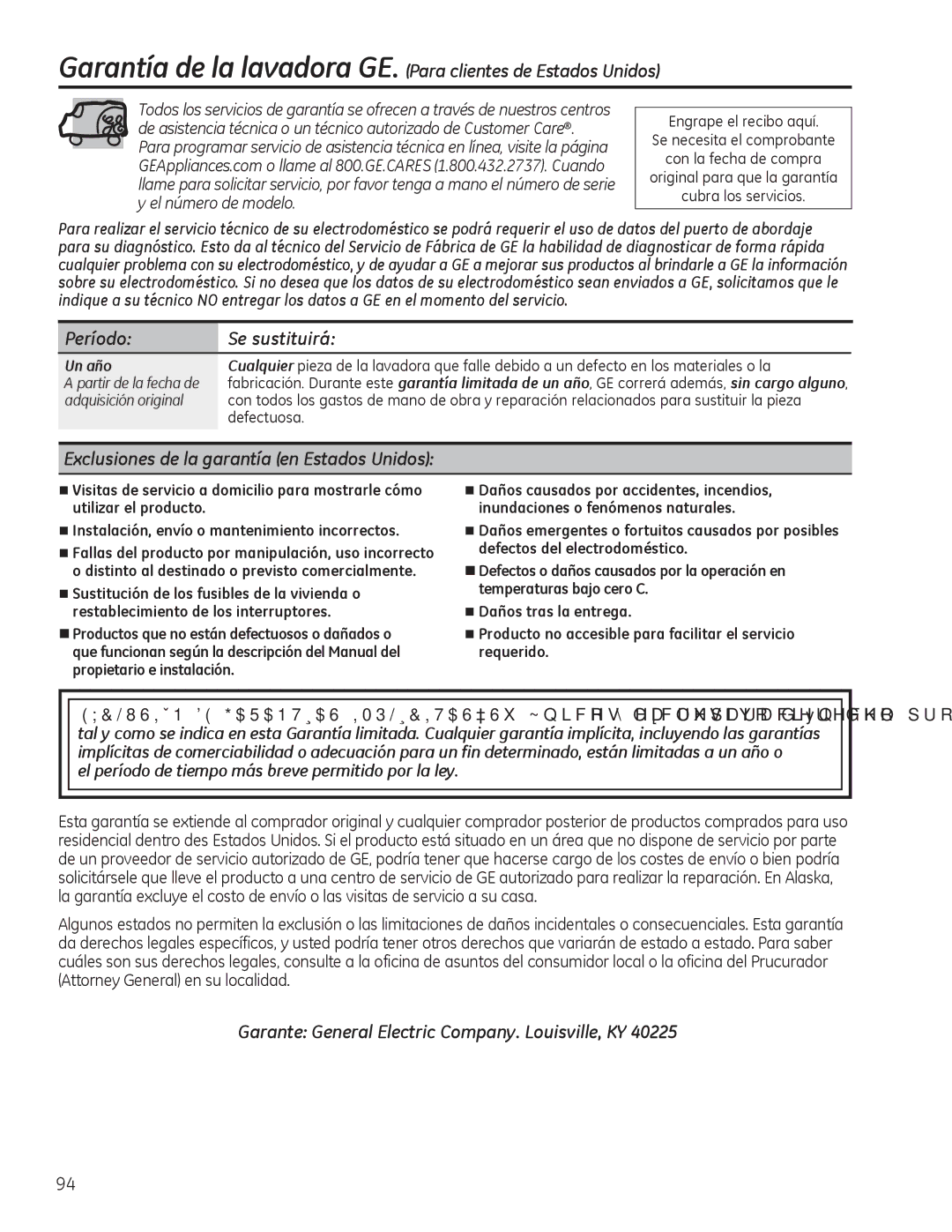 GE GFWS2500, GHWS3605, GFWS2605 Garantía de la lavadora GE. Para clientes de Estados Unidos, Período Se sustituirá, Un año 