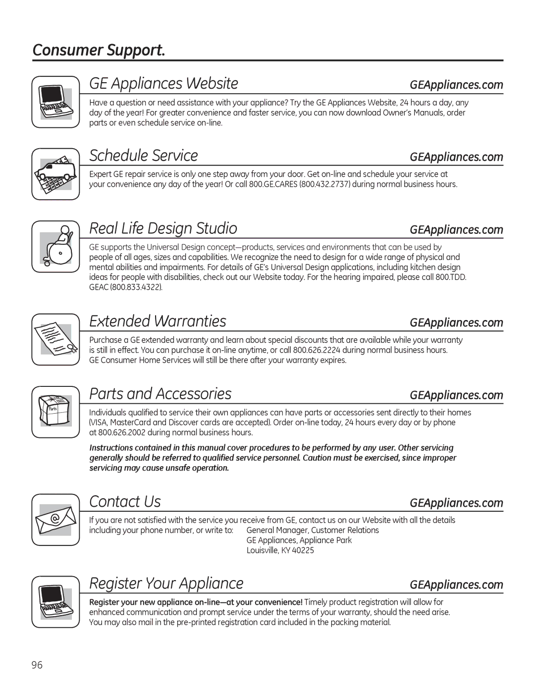 GE GFWS2600 Consumer Support GE Appliances Website, Schedule Service, Real Life Design Studio, Extended Warranties 