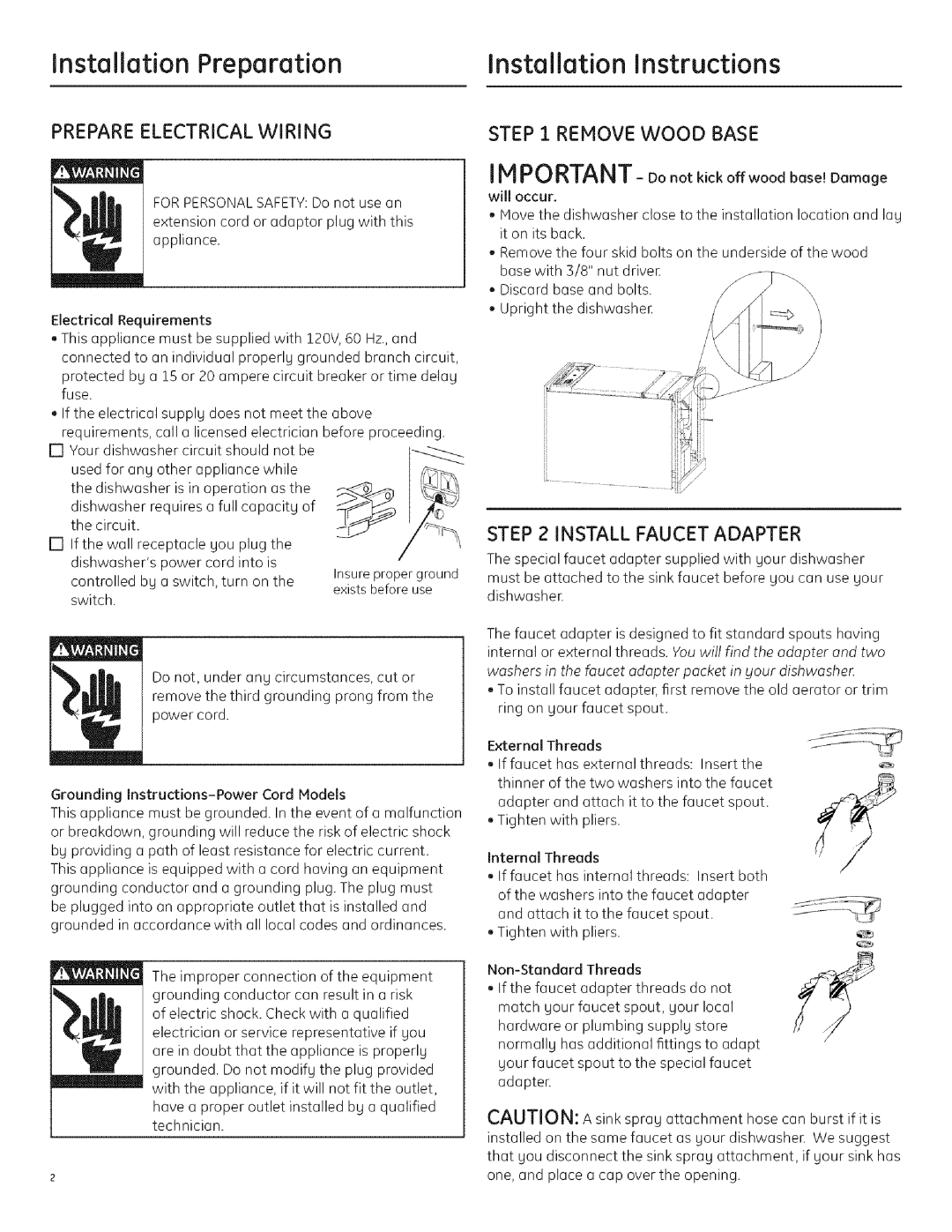 GE GLC4000 installation instructions Prepare Electrical Wiring, Remove Wood Base, Install Faucet Adapter 