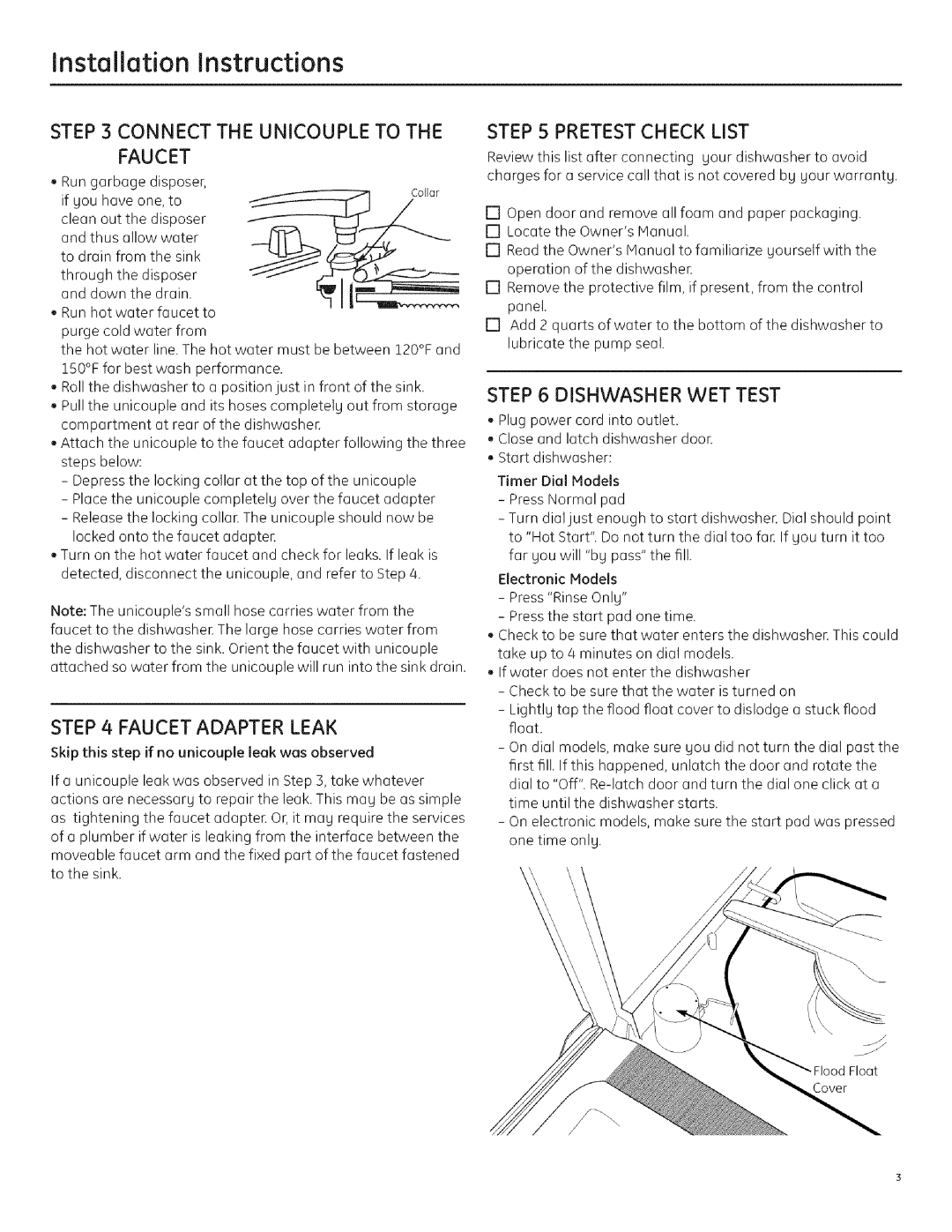 GE GLC4000 Installation Instructions, Connect the Unicouple to Faucet, Faucet Adapter Leak, Pretest Check List 