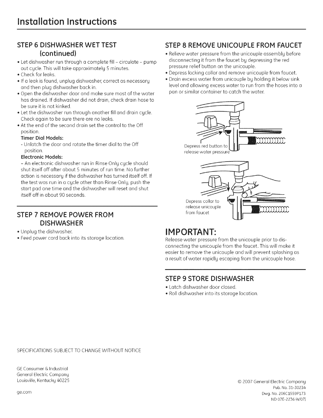 GE GLC4000 installation instructions Remove Power from Dishwasher, Remove Unicouple from Faucet, Store Dishwasher 