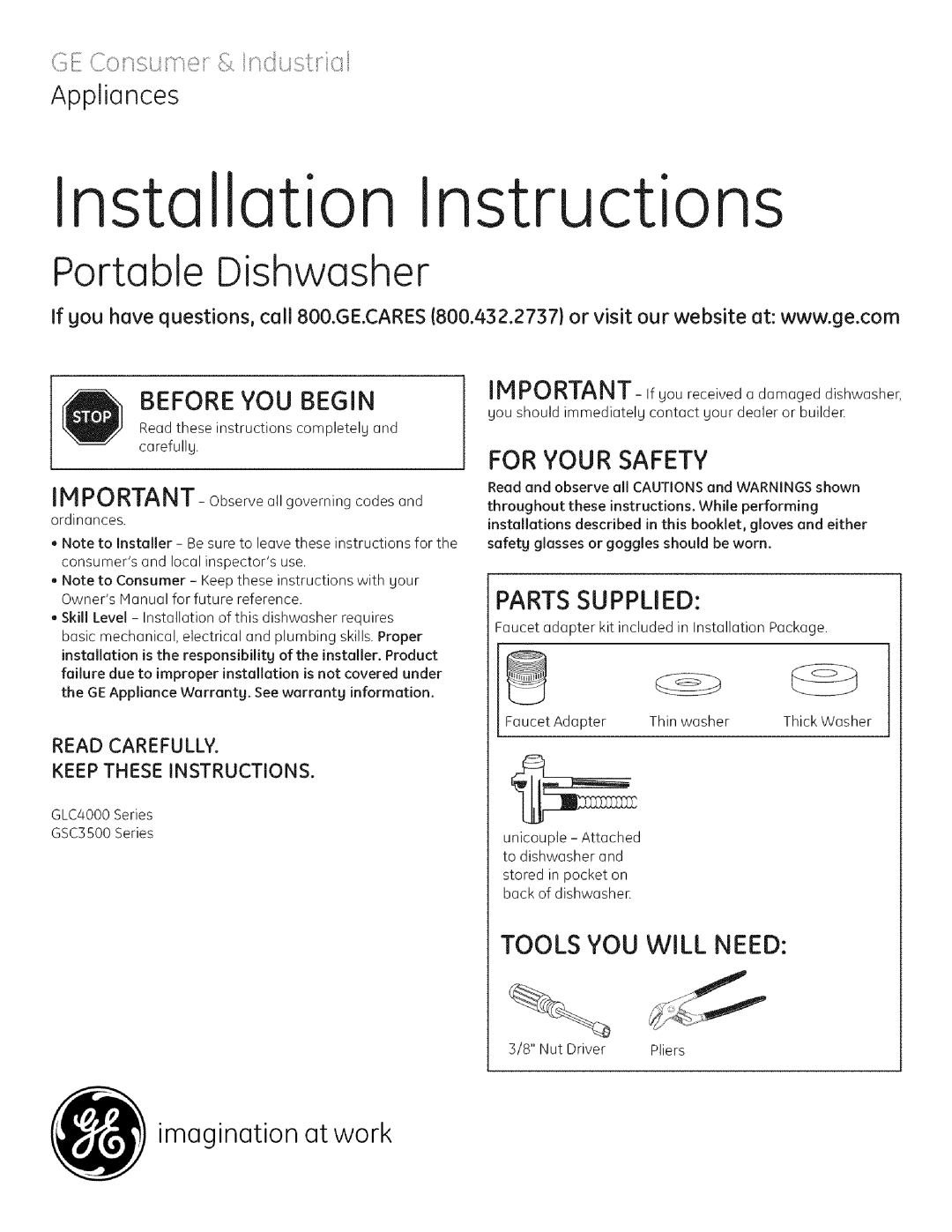 GE GLC4000 installation instructions ination atwork imag, Read Carefully Keep These Instructions, Portable Dishwasher 