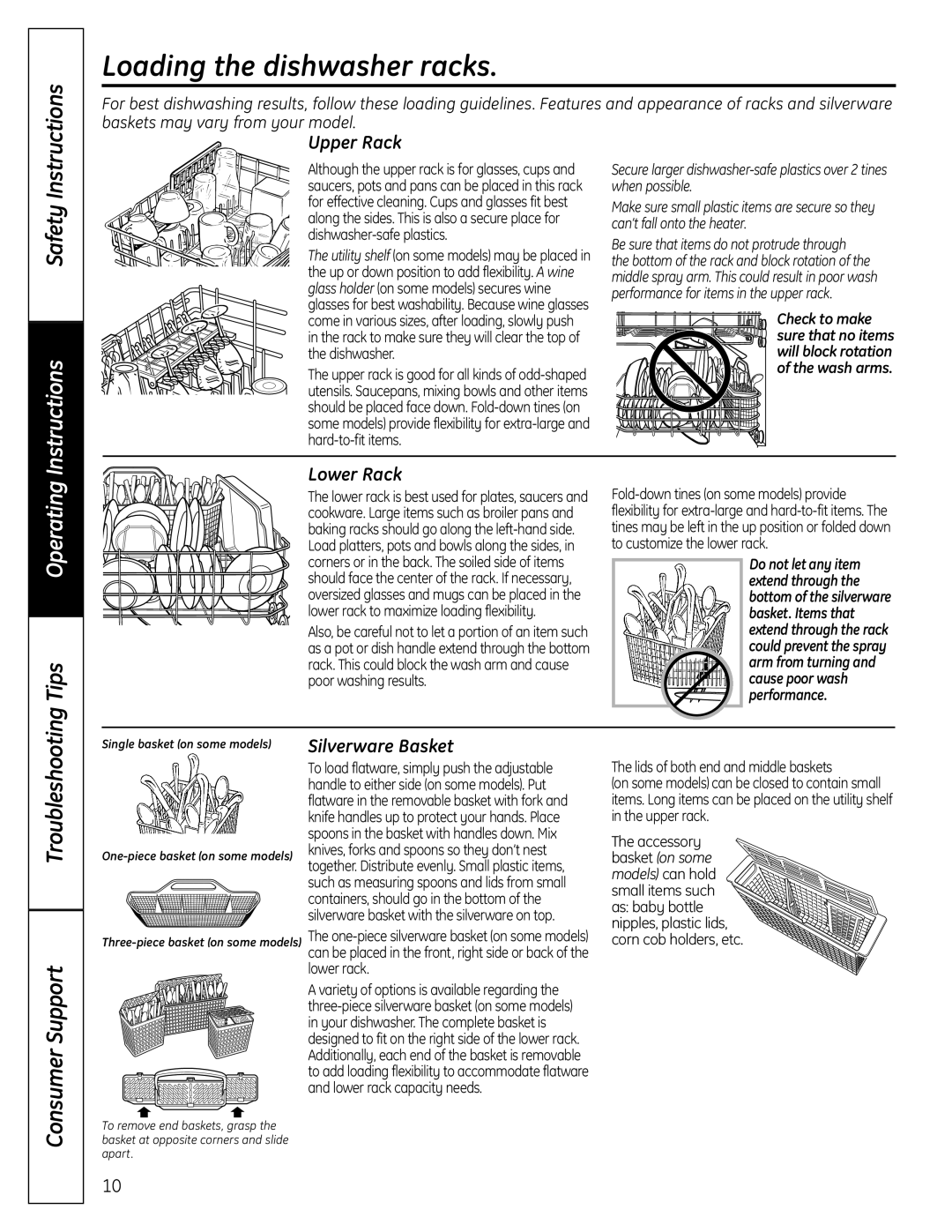 GE GLC4100 owner manual Loading the dishwasher racks, Upper Rack, Lower Rack, Silverware Basket 