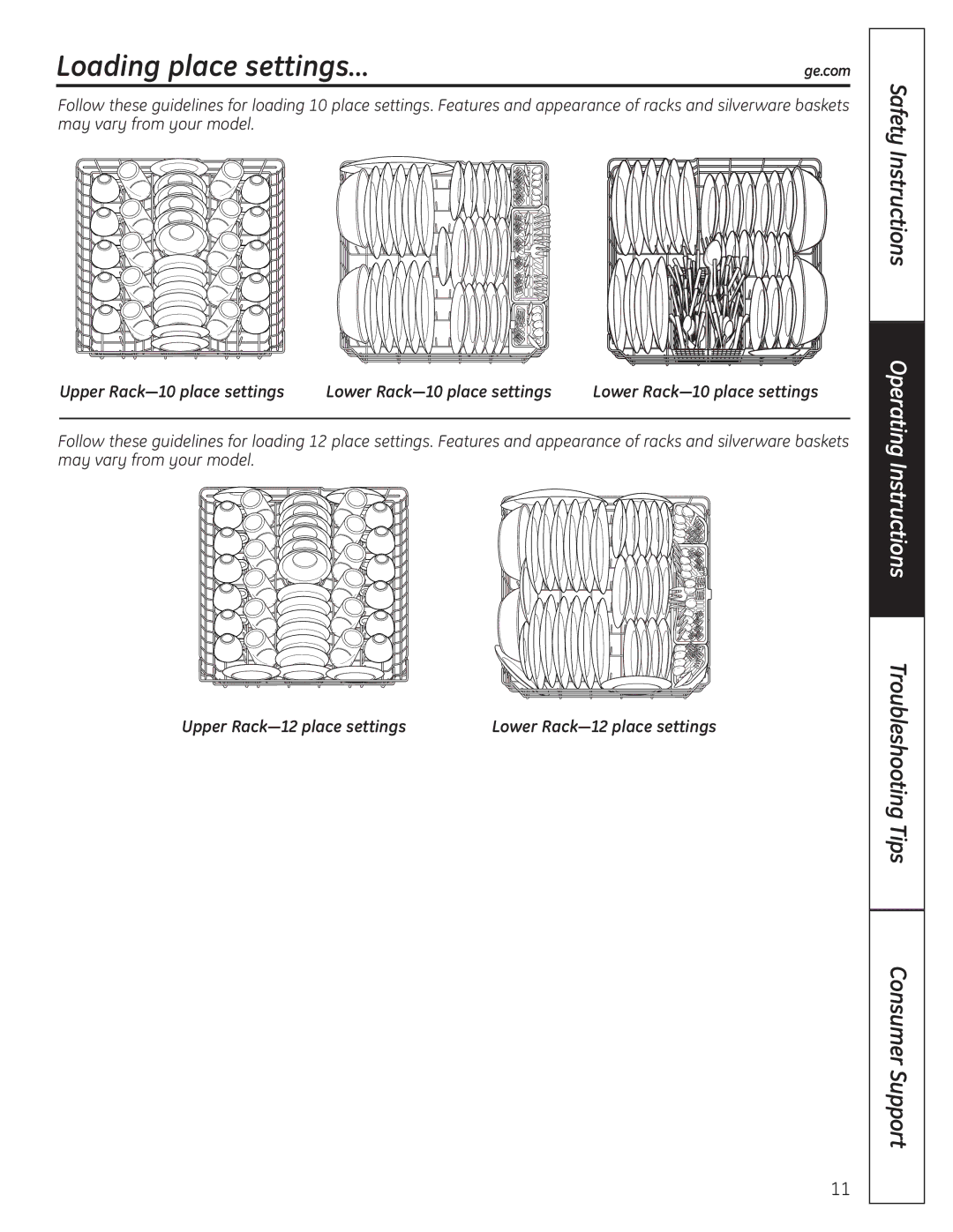 GE GLC4100 owner manual Loading place settings…, Upper Rack-10 place settings Lower Rack-10 place settings 