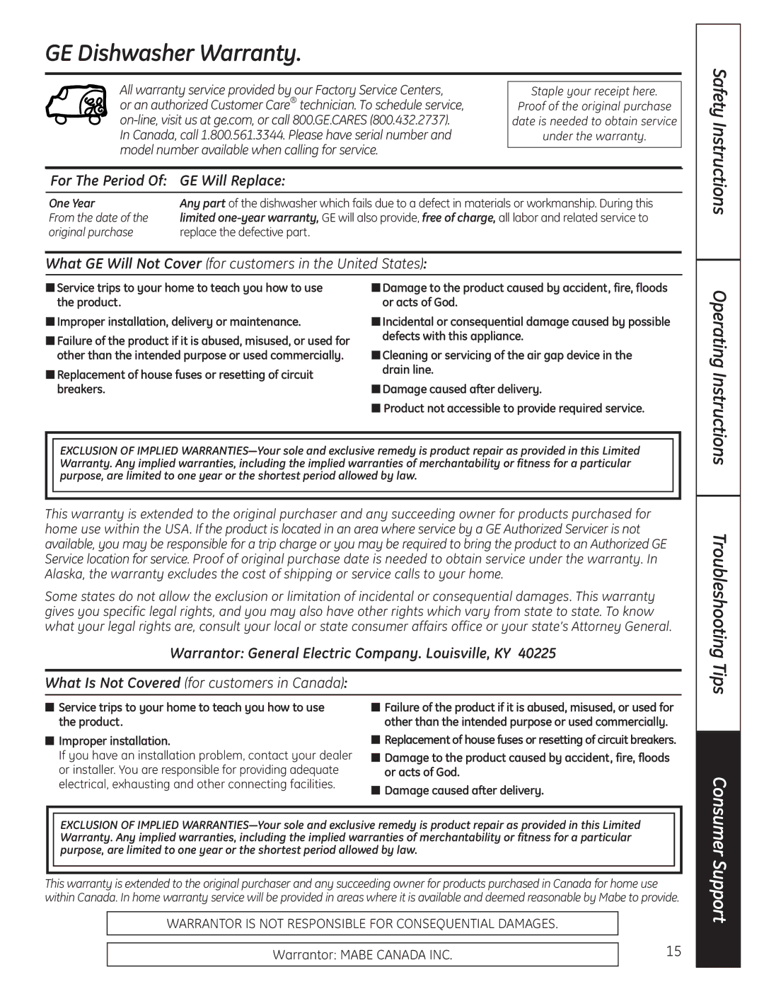 GE GLC4100 GE Dishwasher Warranty, For The Period GE Will Replace, Warrantor General Electric Company. Louisville, KY 