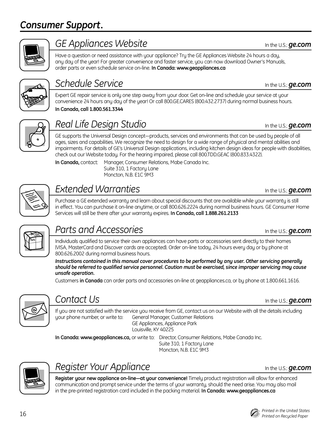 GE GLC4100 owner manual Consumer Support 