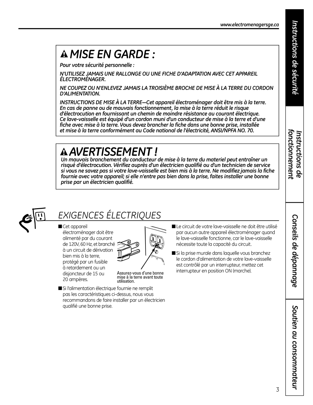 GE GLC4100 Exigences Électriques, Fonctionnement Instructions de, Soutien au consommateur, Pour votre sécurité personnelle 