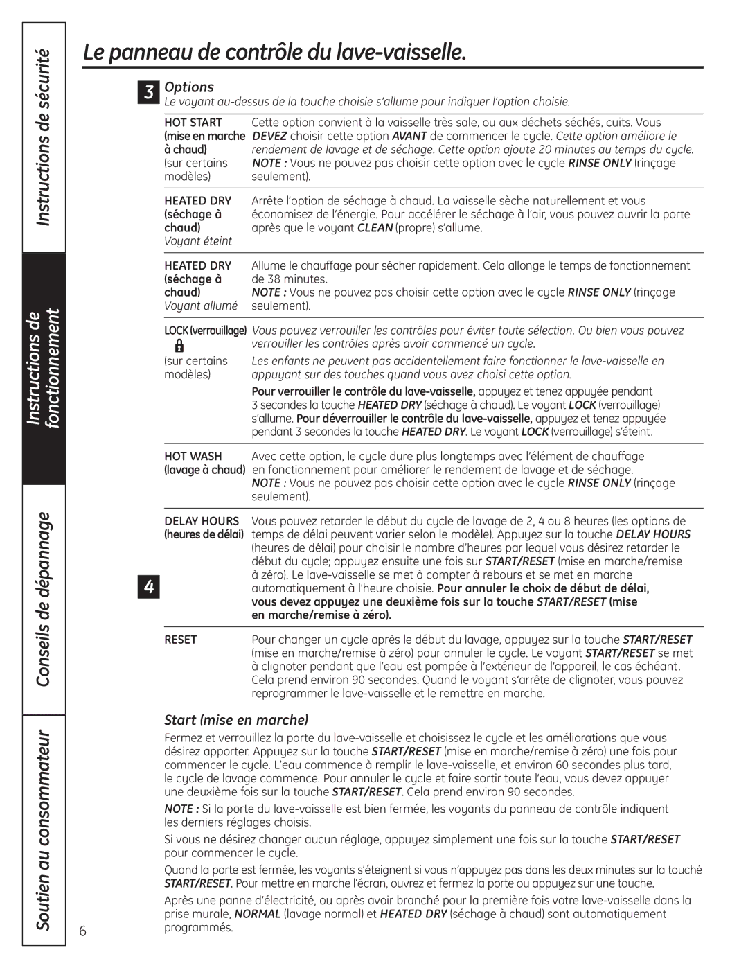 GE GLC4100 owner manual Soutien au consommateur Conseils de dépannage, Start mise en marche, Chaud, Séchage à 