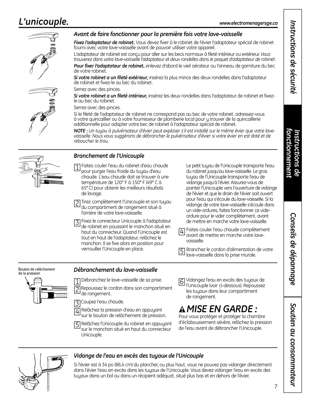 GE GLC4100 owner manual Branchement de l’Unicouple, Débranchement du lave-vaisselle 